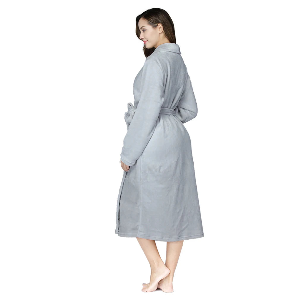 Damen-Bademantel aus flauschigem Fleece – Knöchellanger Winterflanellbademantel mit Schalkragen, Taschen und verstellbarem Gürtel 