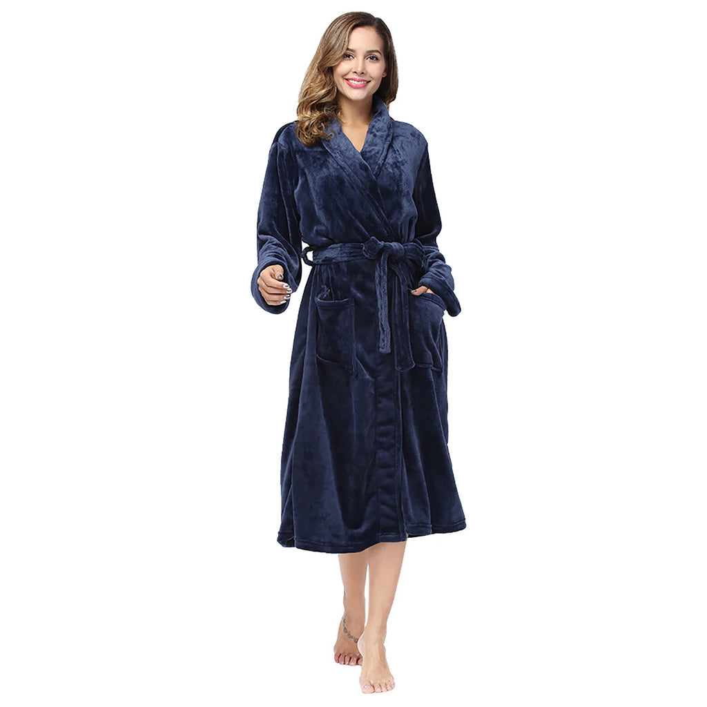 Bata de Casa para Mujer de Felpa Suave – Bata Larga de Invierno de Franela con Cuello Chal, Bolsillos y Cinturón Ajustable