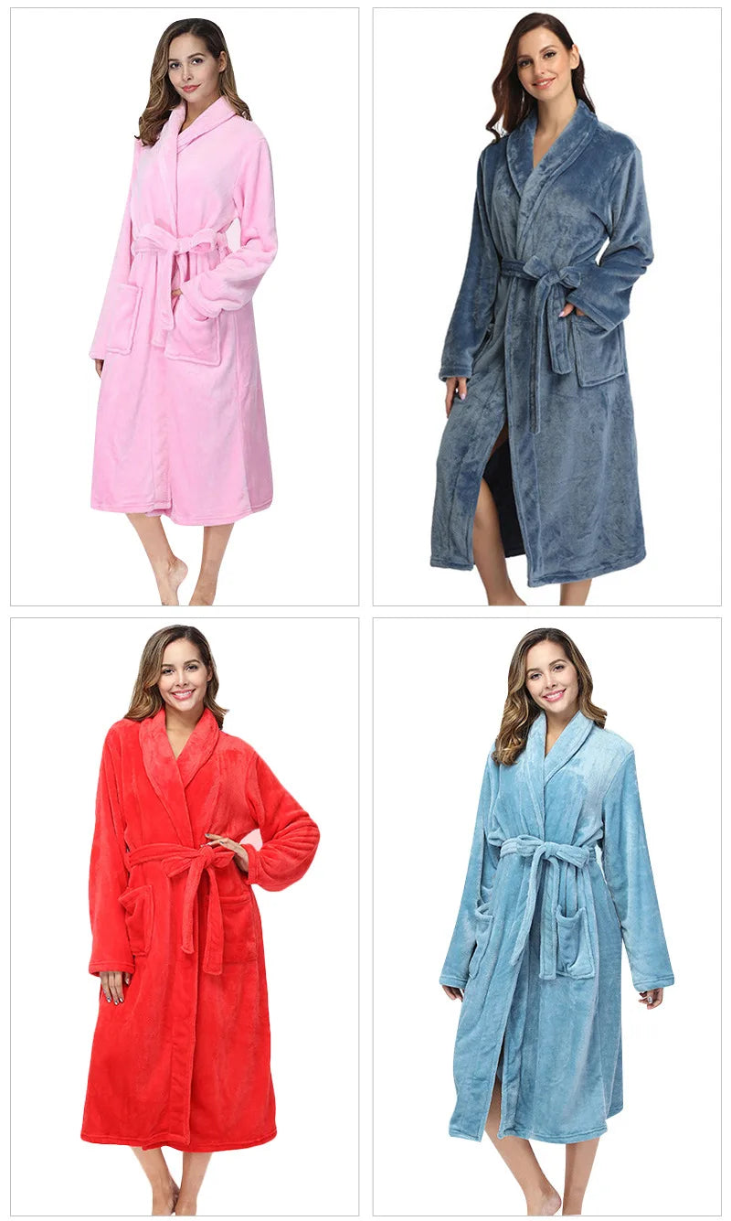 Bata de Casa para Mujer de Felpa Suave – Bata Larga de Invierno de Franela con Cuello Chal, Bolsillos y Cinturón Ajustable