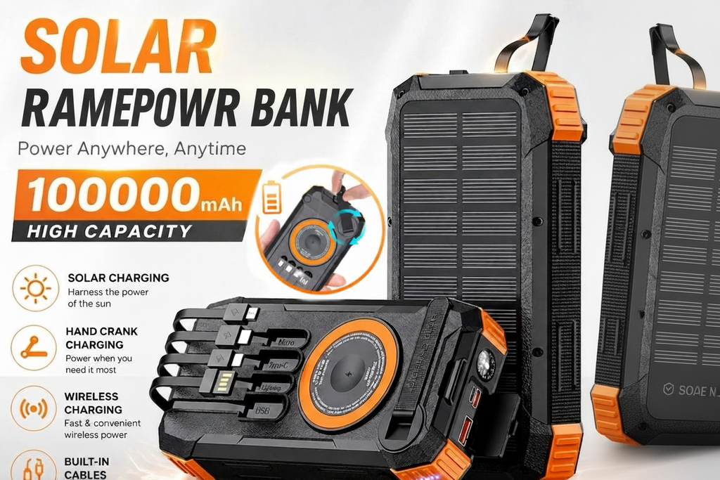 RamePower™ TitanCharge Pro 100000mAh Solar Power Bank – 22.5W Fast Charging | Wireless Charger | Built-in Cables | LED Flashlight