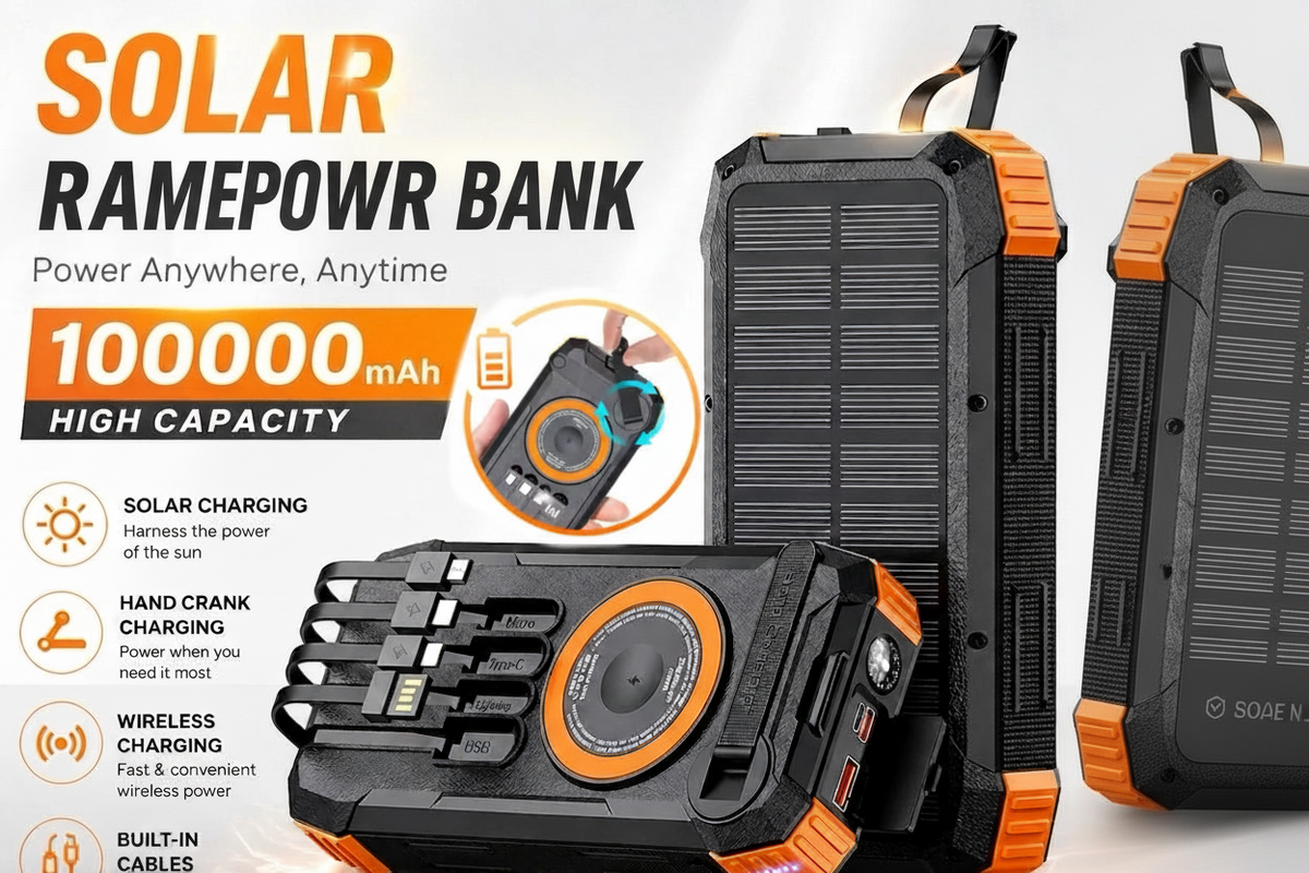 RamePower™ TitanCharge Pro 100000mAh Solar Power Bank – 22.5W Fast Charging | Wireless Charger | Built-in Cables | LED Flashlight