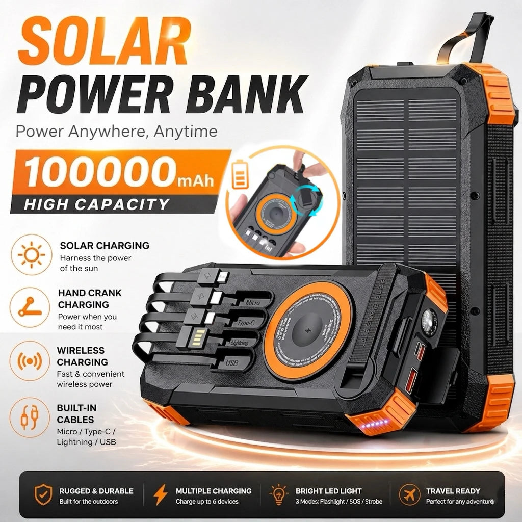 RamePower™ TitanCharge Pro 100000mAh Solar Power Bank – 22.5W Fast Charging | Wireless Charger | Built-in Cables | LED Flashlight