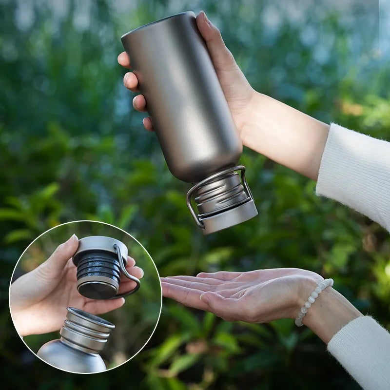Titanium Outdoor Water Bottle 500ml/600ml/750ml – Ultra Lightweight Metal Cycling & Camping Bottle with Strap for Hiking, Riding & Travel