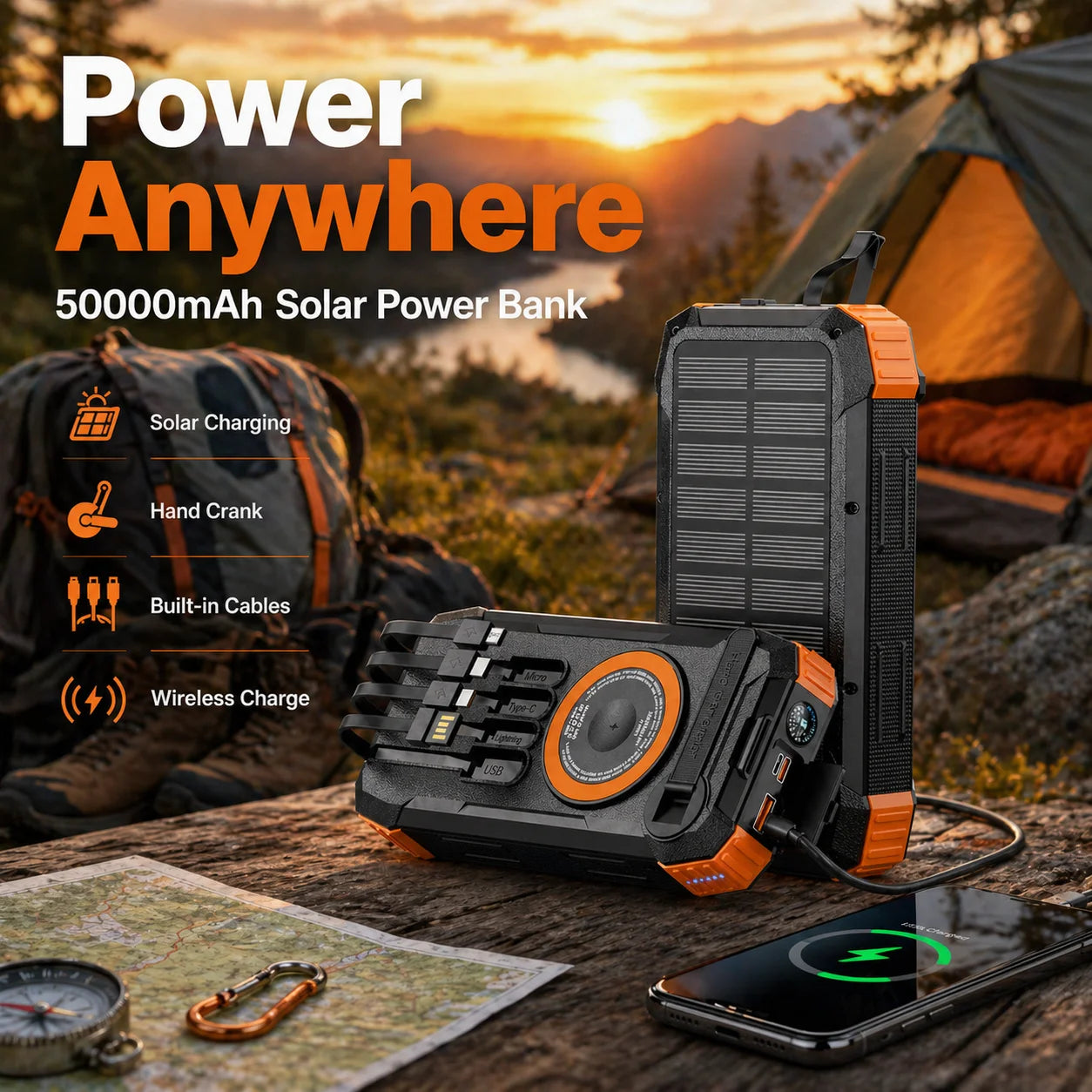 RamePower™ TitanCharge Pro 100000mAh Solar Power Bank – 22.5W Fast Charging | Wireless Charger | Built-in Cables | LED Flashlight