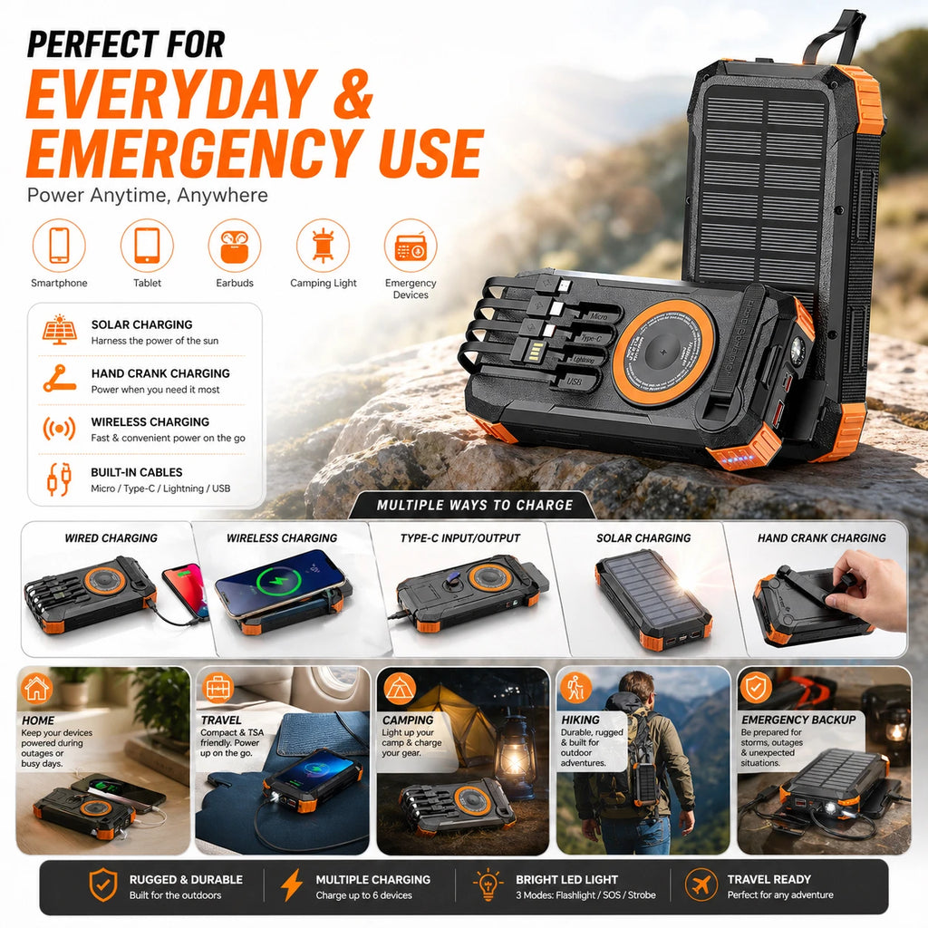 RamePower™ TitanCharge Pro 100000mAh Solar Power Bank – 22.5W Fast Charging | Wireless Charger | Built-in Cables | LED Flashlight
