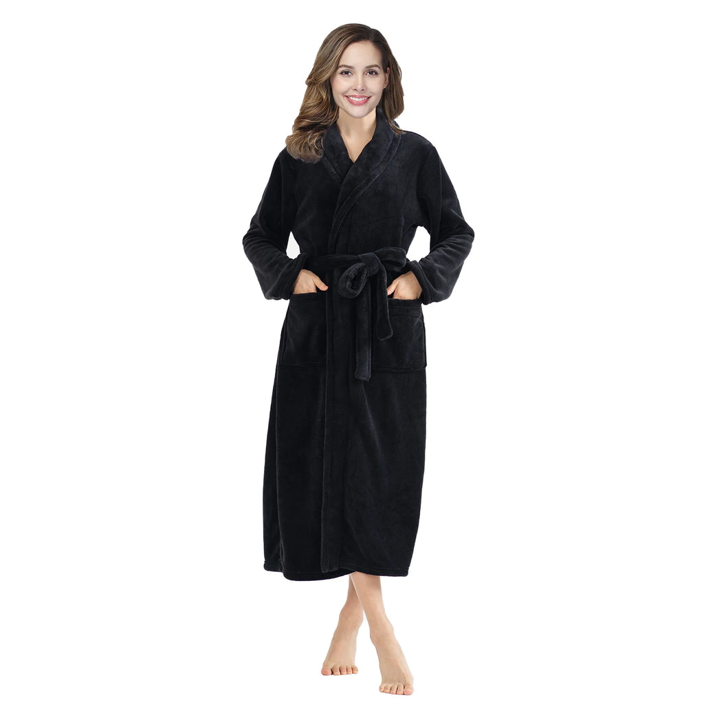 Bata de Casa para Mujer de Felpa Suave – Bata Larga de Invierno de Franela con Cuello Chal, Bolsillos y Cinturón Ajustable