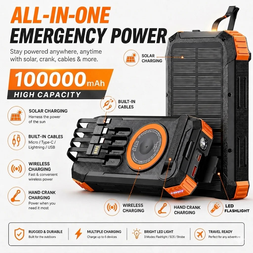 RamePower™ TitanCharge Pro 100000mAh Solar Power Bank – 22.5W Fast Charging | Wireless Charger | Built-in Cables | LED Flashlight