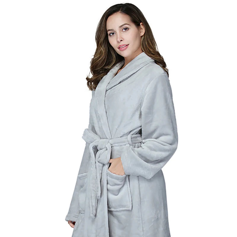 Bata de Casa para Mujer de Felpa Suave – Bata Larga de Invierno de Franela con Cuello Chal, Bolsillos y Cinturón Ajustable