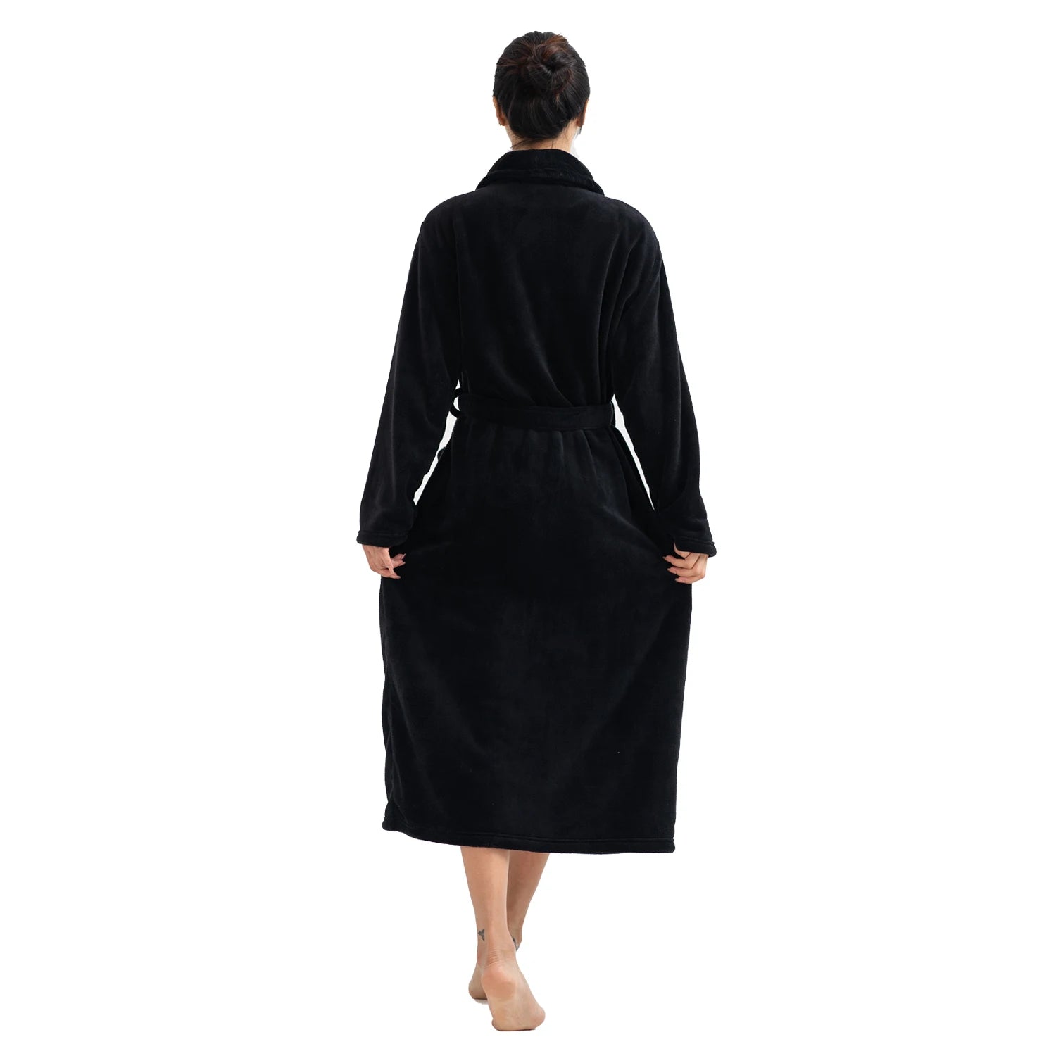 Damen-Bademantel aus flauschigem Fleece – Knöchellanger Winterflanellbademantel mit Schalkragen, Taschen und verstellbarem Gürtel 