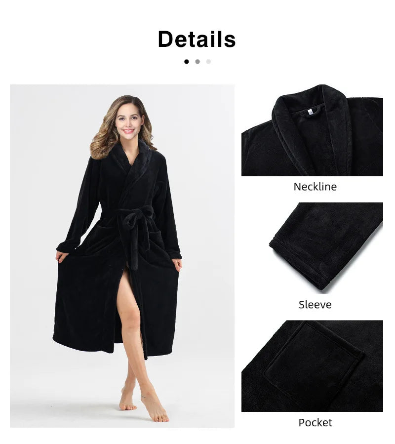 Bata de Casa para Mujer de Felpa Suave – Bata Larga de Invierno de Franela con Cuello Chal, Bolsillos y Cinturón Ajustable