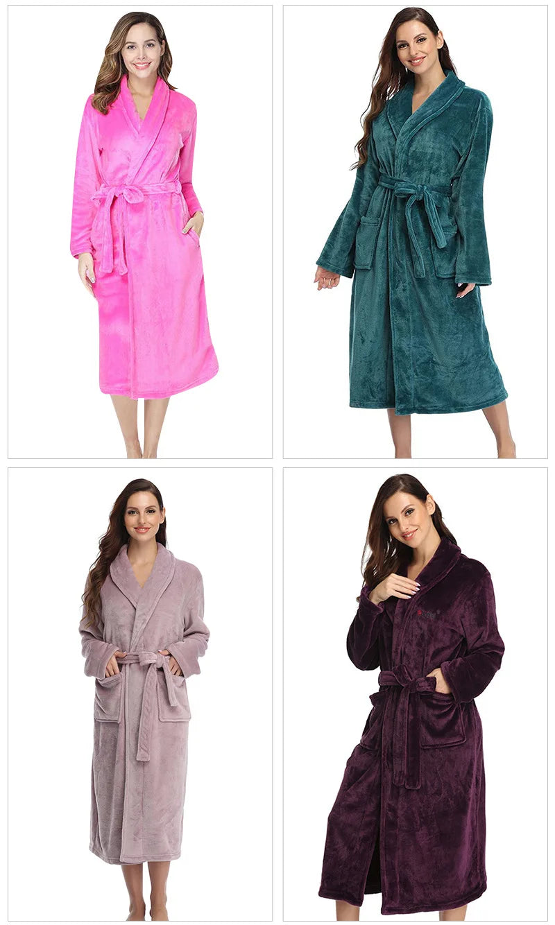 Bata de Casa para Mujer de Felpa Suave – Bata Larga de Invierno de Franela con Cuello Chal, Bolsillos y Cinturón Ajustable