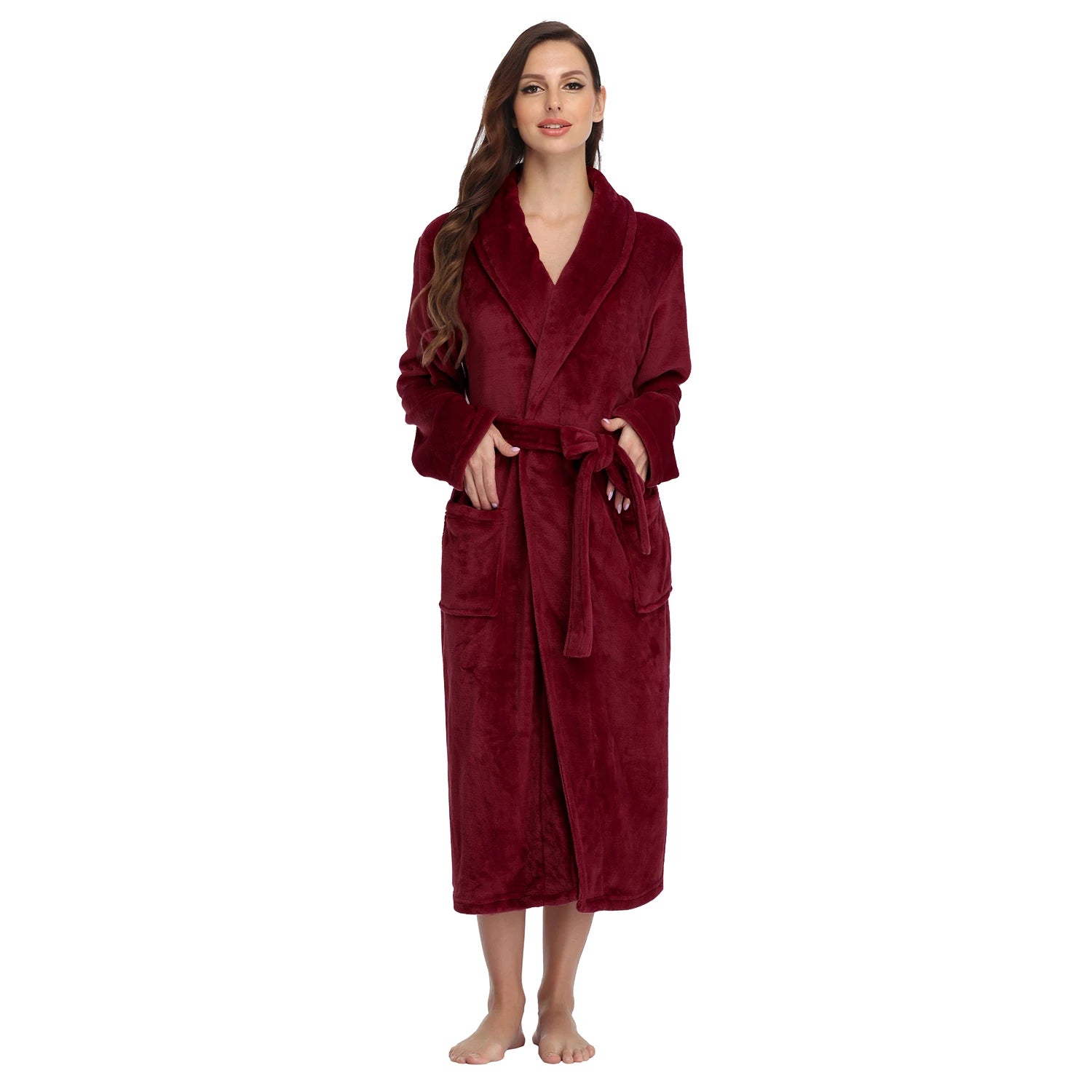 Damen-Bademantel aus flauschigem Fleece – Knöchellanger Winterflanellbademantel mit Schalkragen, Taschen und verstellbarem Gürtel 