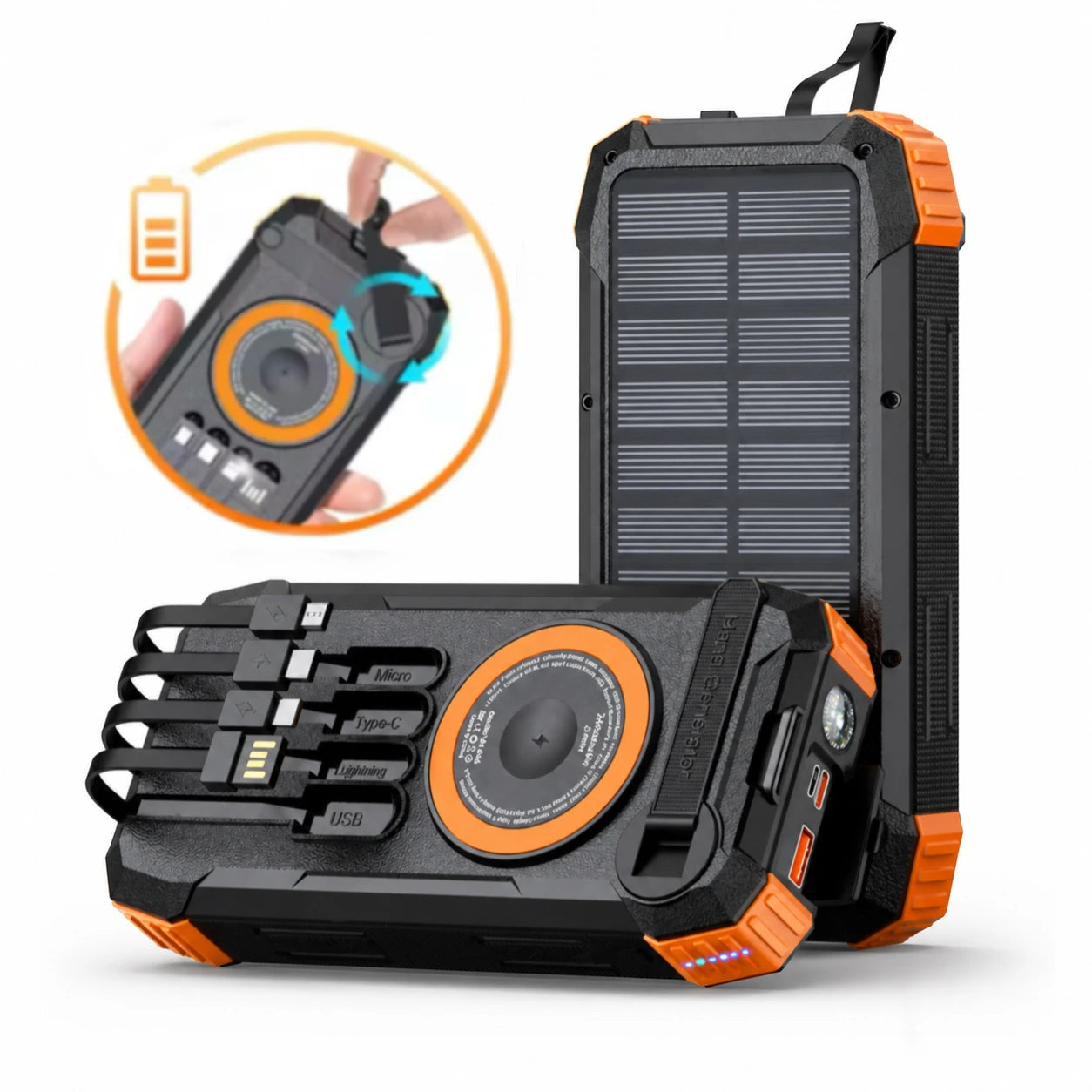 RamePower™ TitanCharge Pro 100000mAh Solar Power Bank – 22.5W Fast Charging | Wireless Charger | Built-in Cables | LED Flashlight