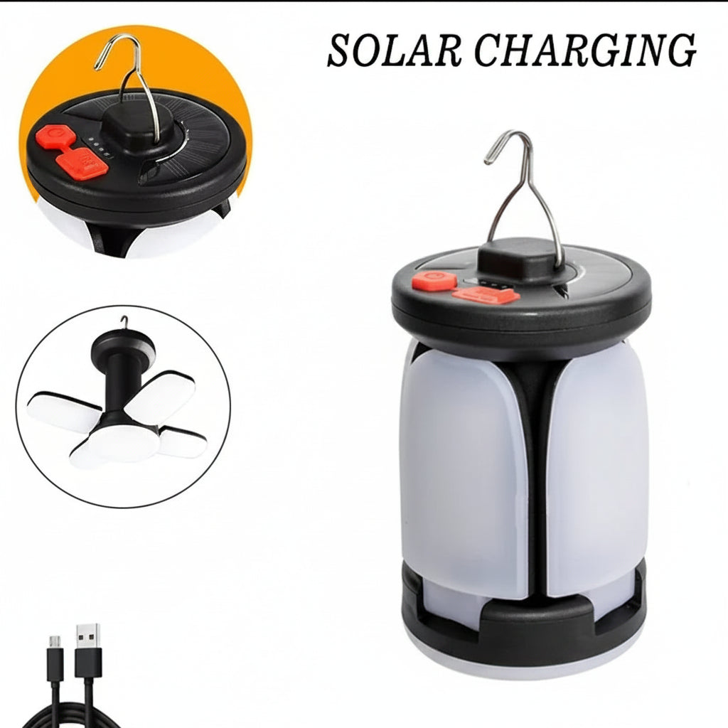SolarGlow™ Rechargeable LED Camping Lantern with Foldable Floodlight & Power Bank
