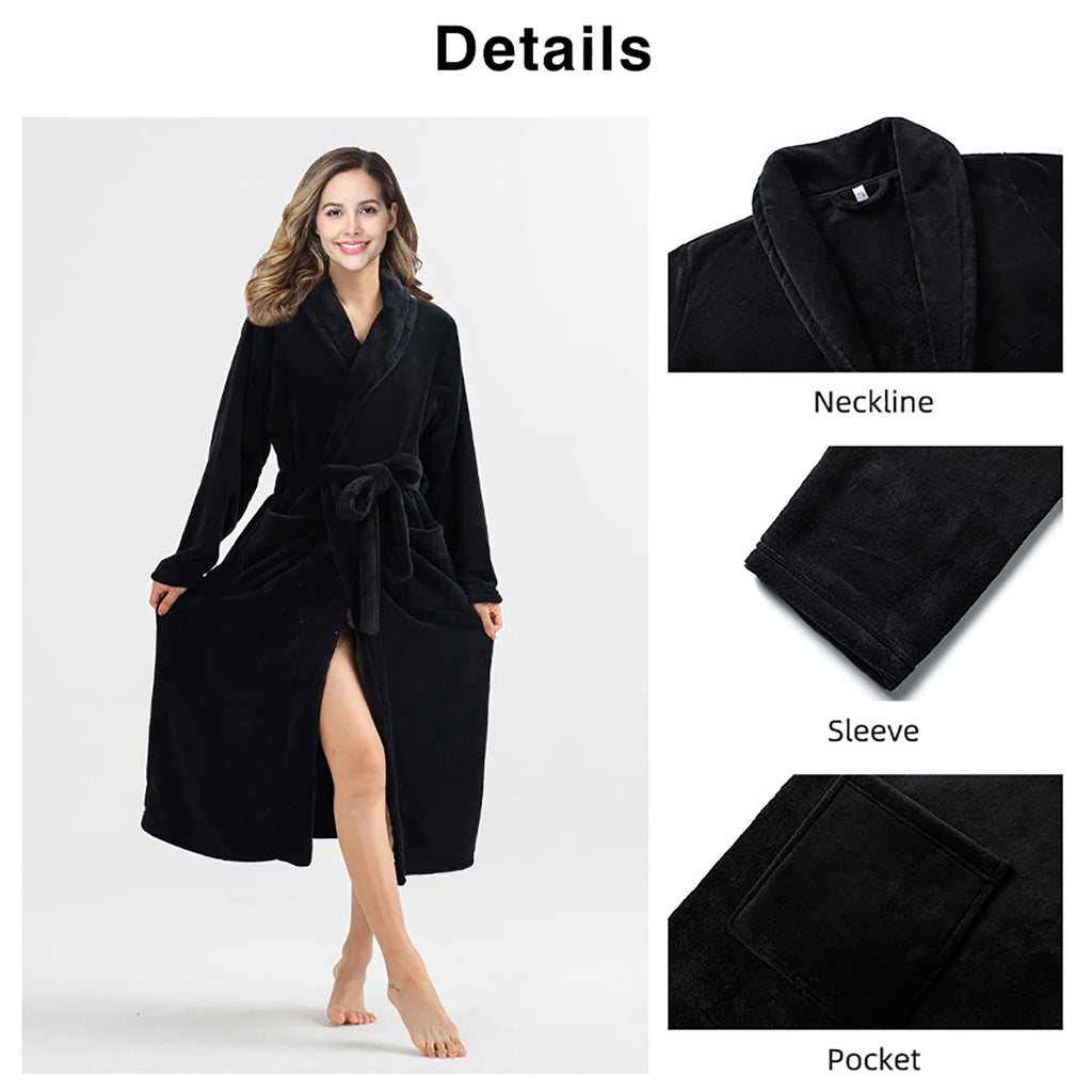 Bata de Casa para Mujer de Felpa Suave – Bata Larga de Invierno de Franela con Cuello Chal, Bolsillos y Cinturón Ajustable
