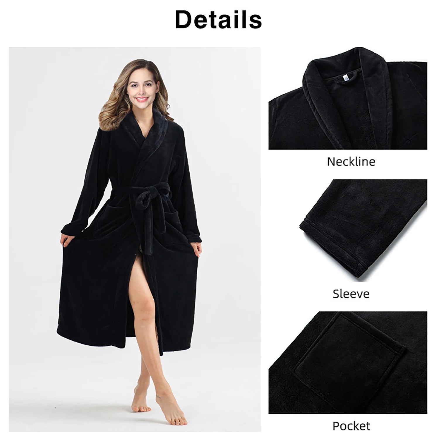 Damen-Bademantel aus flauschigem Fleece – Knöchellanger Winterflanellbademantel mit Schalkragen, Taschen und verstellbarem Gürtel 
