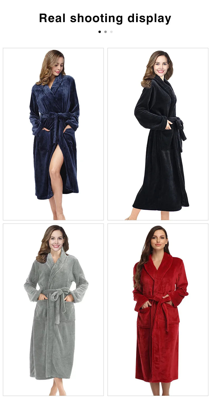Bata de Casa para Mujer de Felpa Suave – Bata Larga de Invierno de Franela con Cuello Chal, Bolsillos y Cinturón Ajustable
