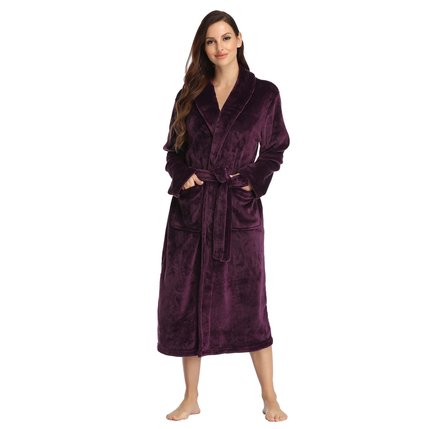 Damen-Bademantel aus flauschigem Fleece – Knöchellanger Winterflanellbademantel mit Schalkragen, Taschen und verstellbarem Gürtel 