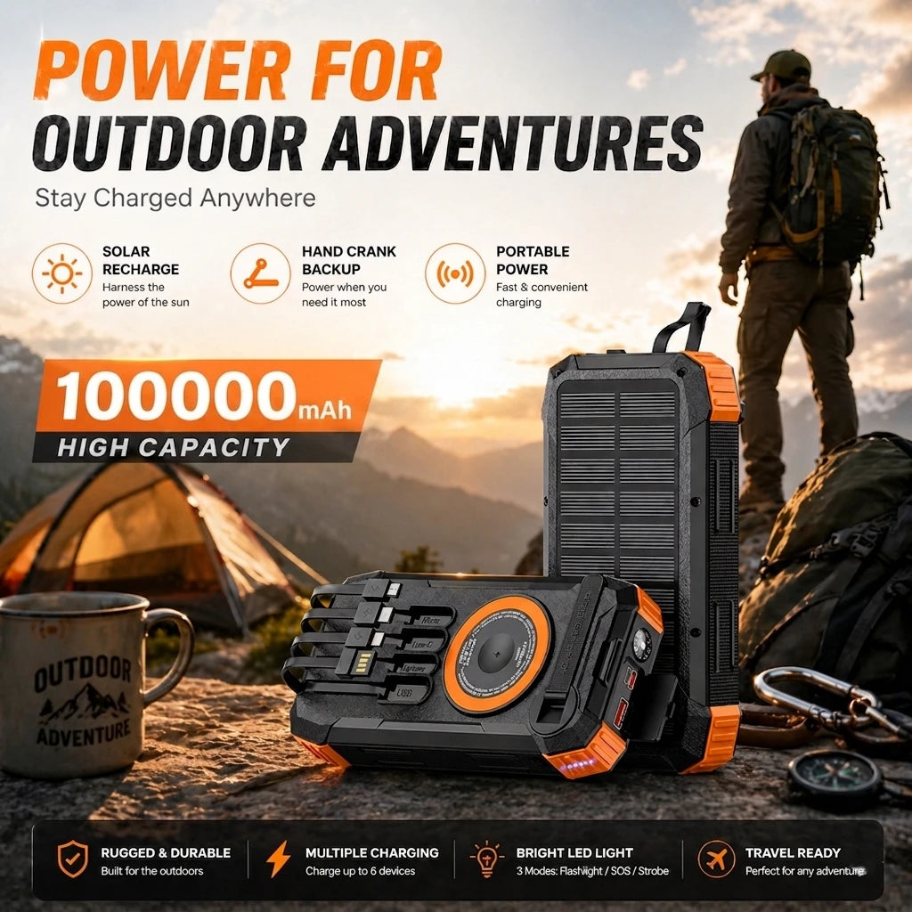 RamePower™ TitanCharge Pro 100000mAh Solar Power Bank – 22.5W Fast Charging | Wireless Charger | Built-in Cables | LED Flashlight