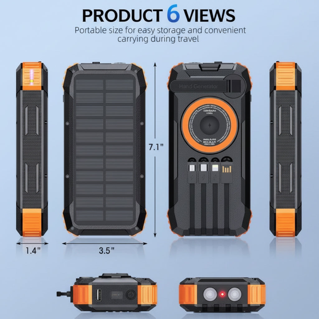 RamePower™ TitanCharge Pro 100000mAh Solar Power Bank – 22.5W Fast Charging | Wireless Charger | Built-in Cables | LED Flashlight